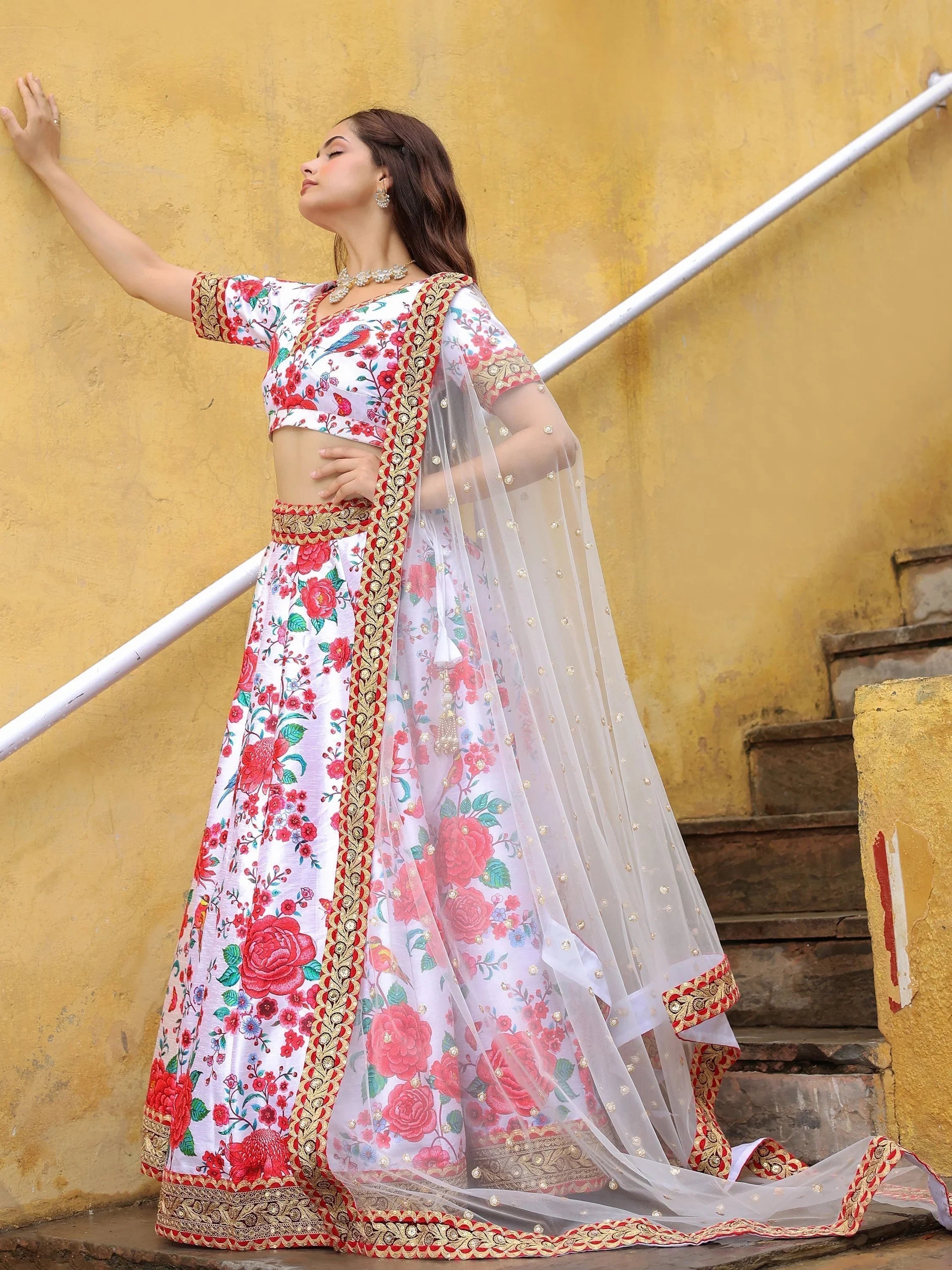 Art silk lehenga choli with floral print and sequins work for wedding occasions
