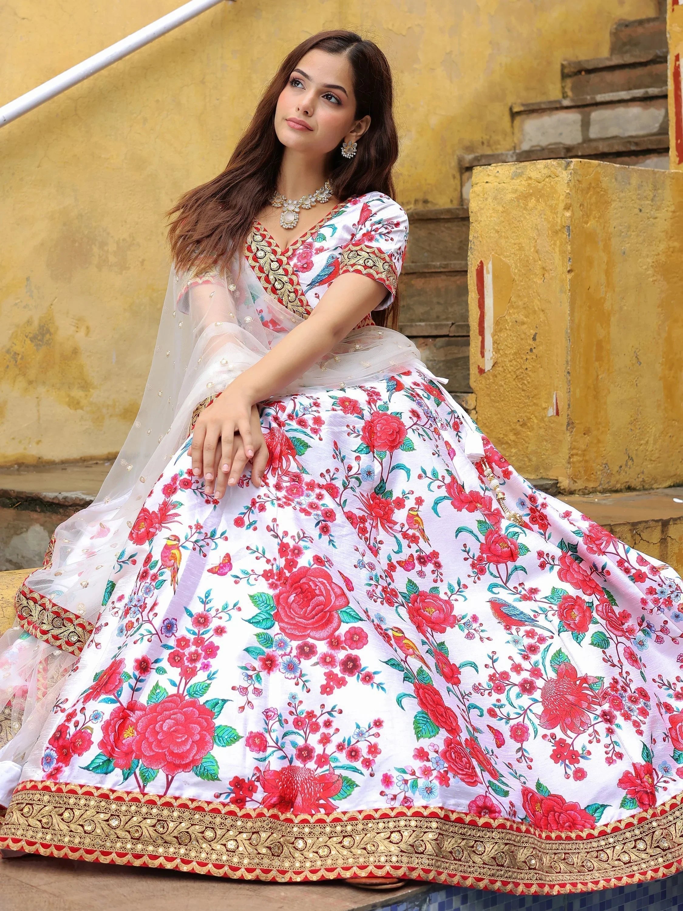 Art silk lehenga choli with floral print and sequins work for wedding occasions