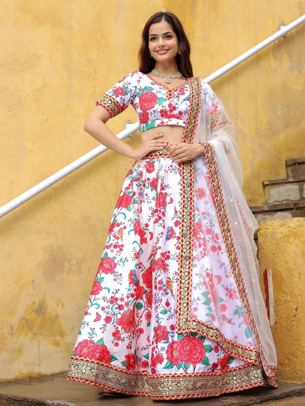 Art silk lehenga choli with floral print and sequins work for wedding occasions