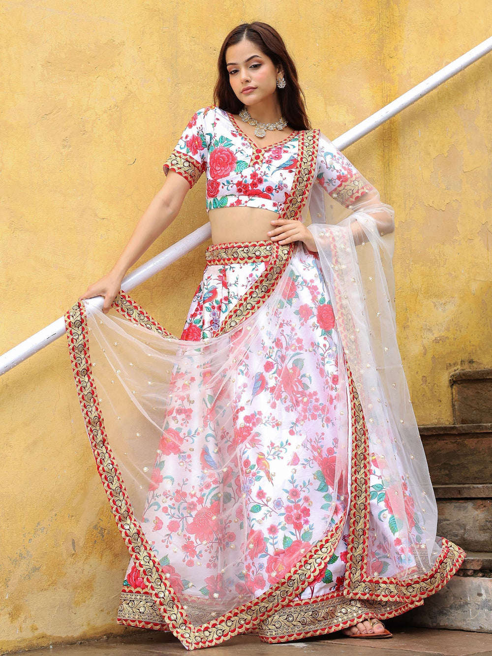 Art silk lehenga choli with floral print and sequins work for wedding occasions