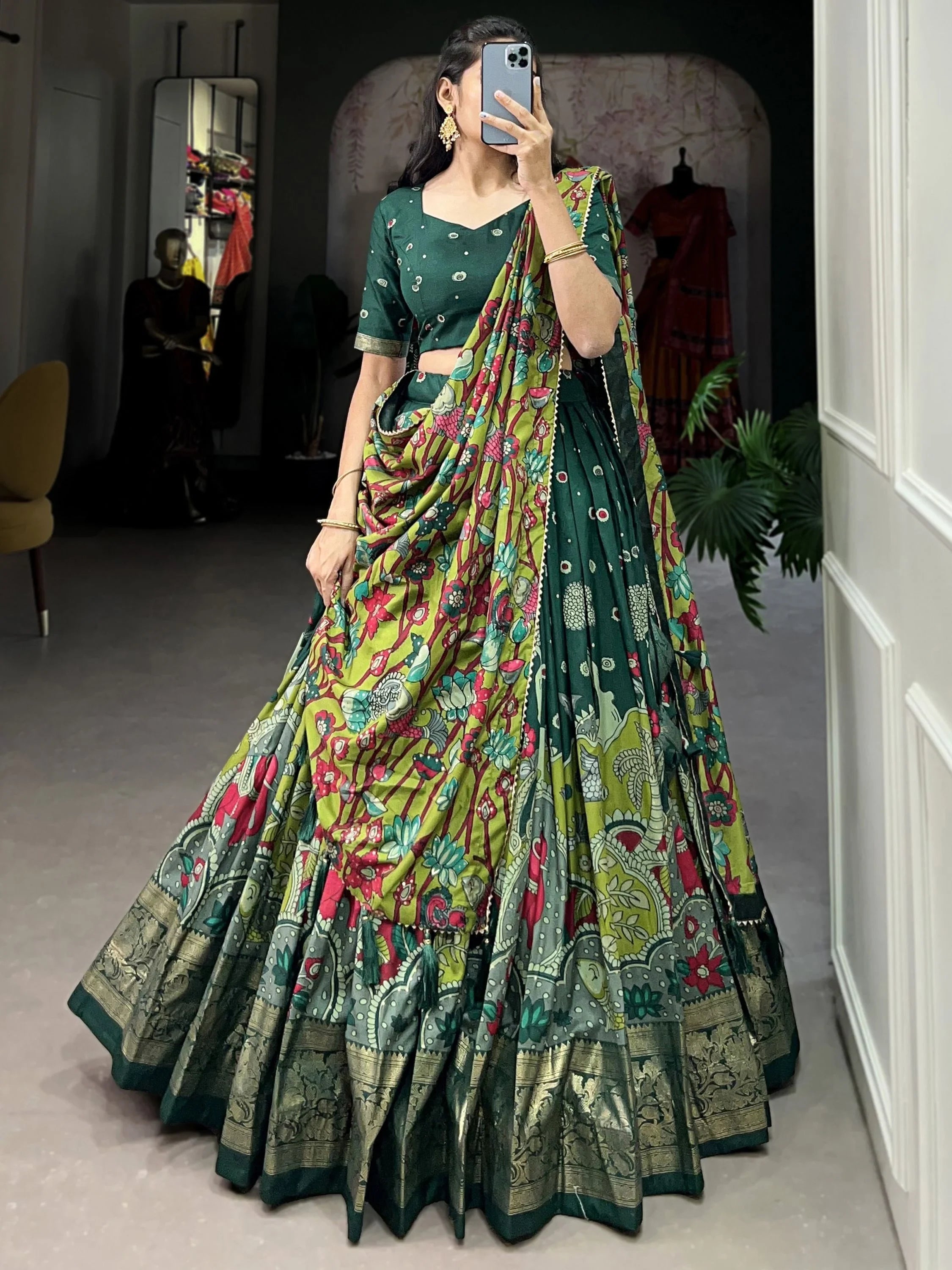 Green Tussar Silk Kalamkari Printed Festival Lehenga Choli
