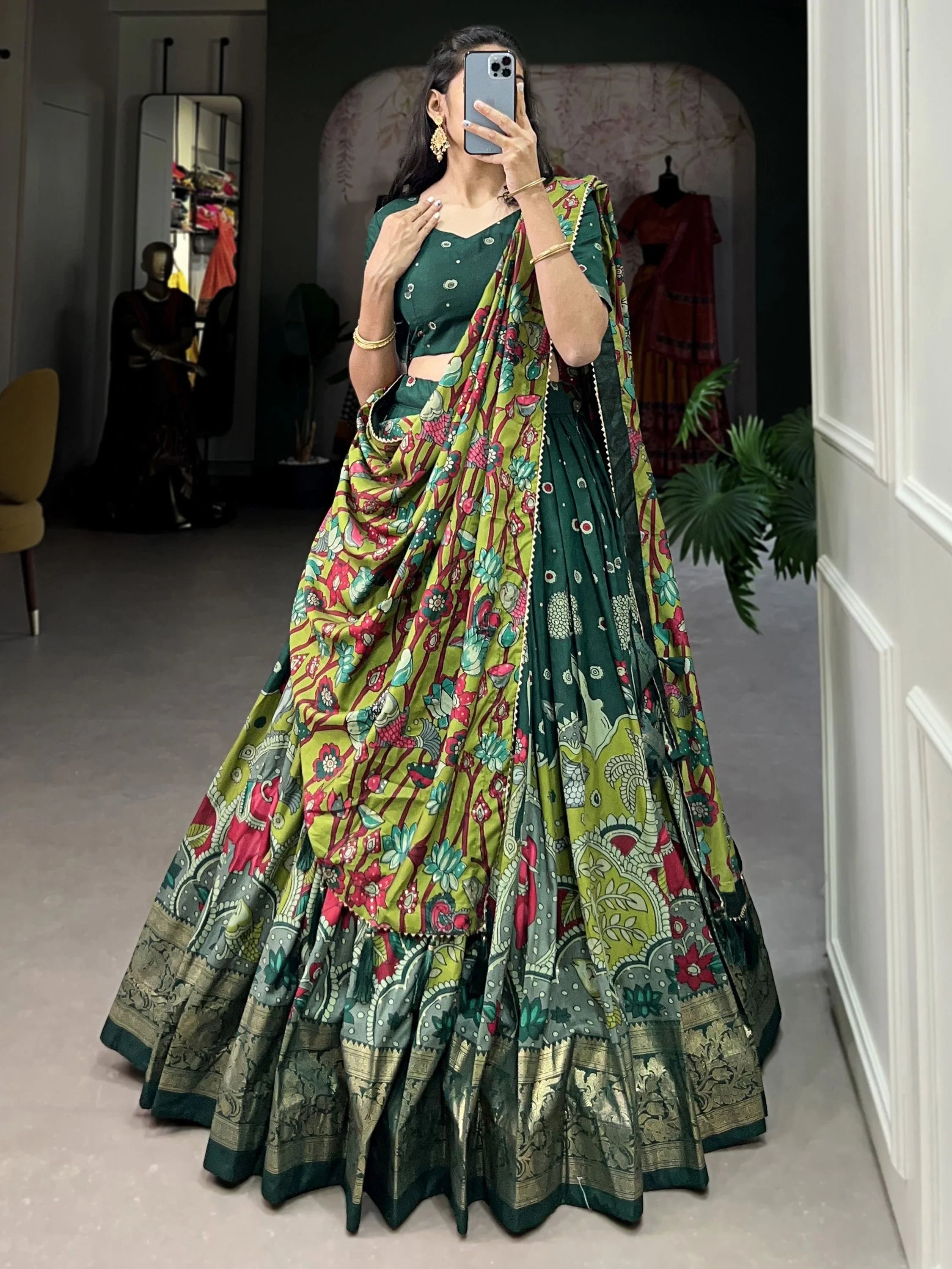 Green Tussar Silk Kalamkari Printed Festival Lehenga Choli