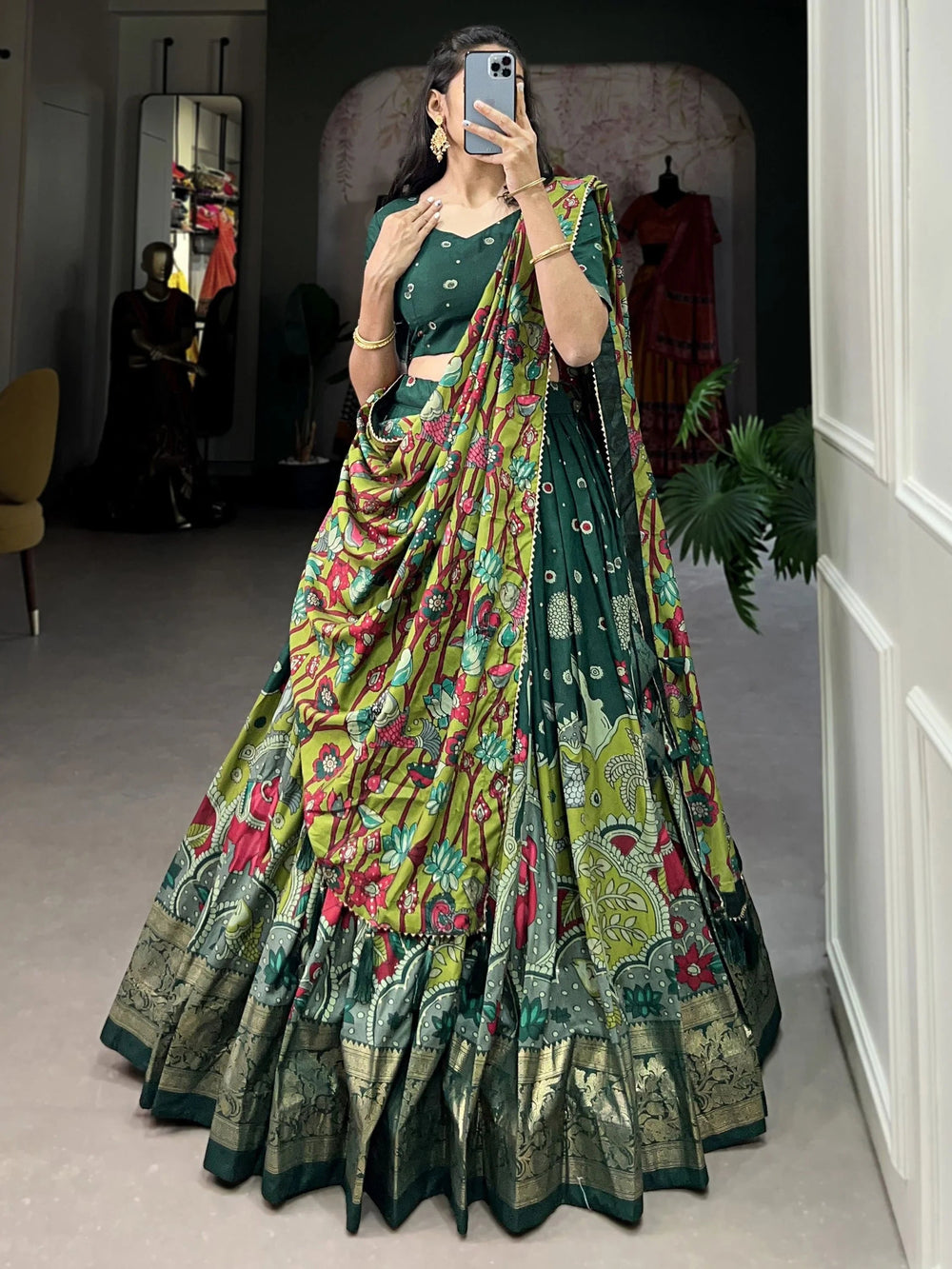 Green Tussar Silk Kalamkari Printed Festival Lehenga Choli