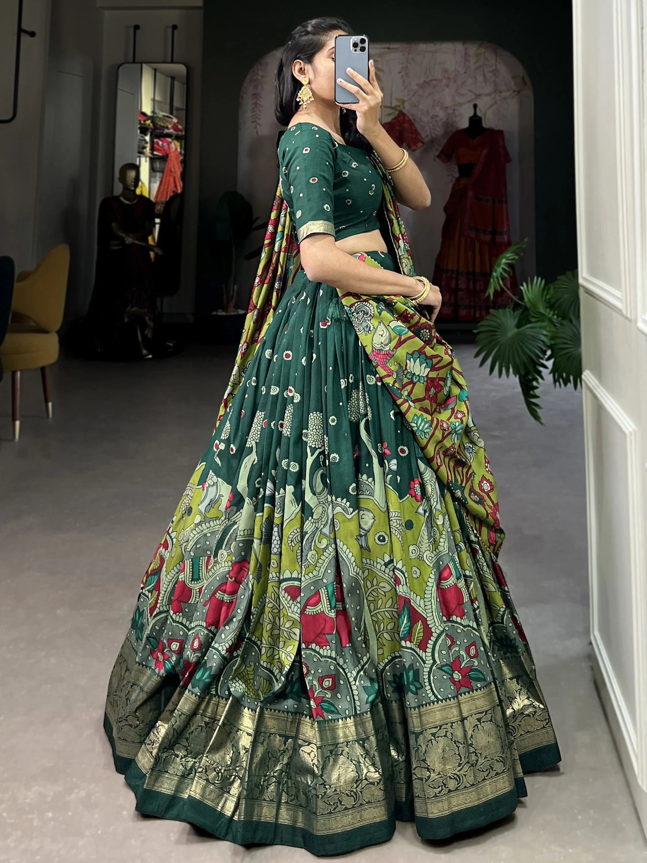 Green Tussar Silk Kalamkari Printed Festival Lehenga Choli