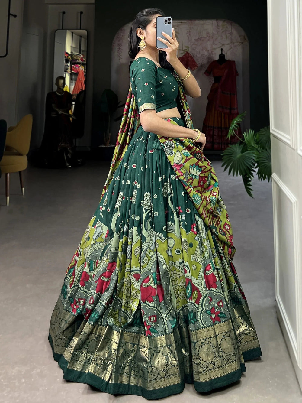 Green Tussar Silk Kalamkari Printed Festival Lehenga Choli