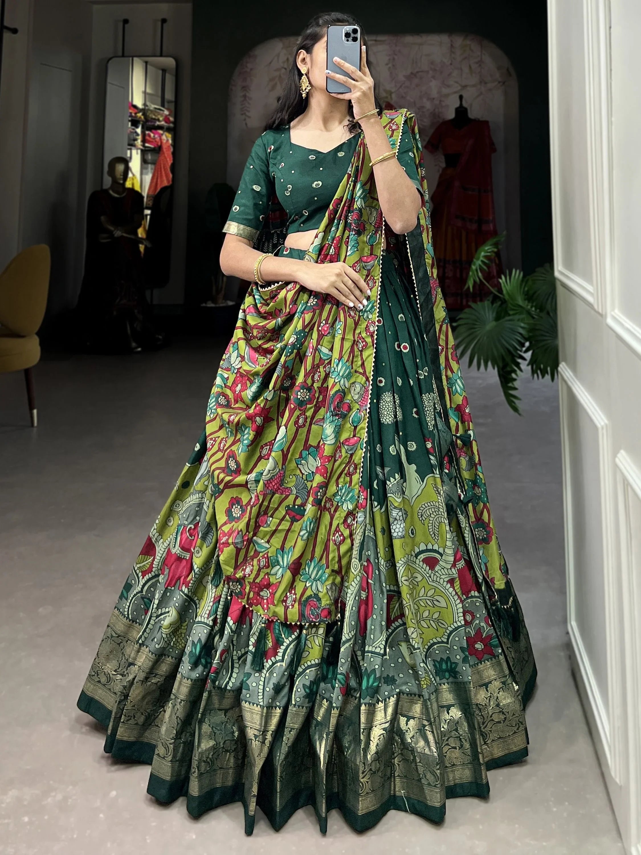 Green Tussar Silk Kalamkari Printed Festival Lehenga Choli