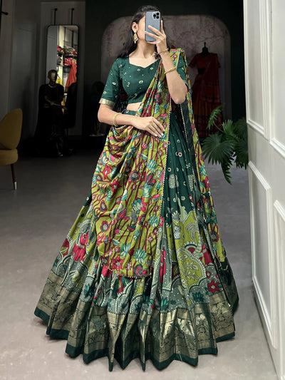 Green Tussar Silk Kalamkari Printed Festival Lehenga Choli