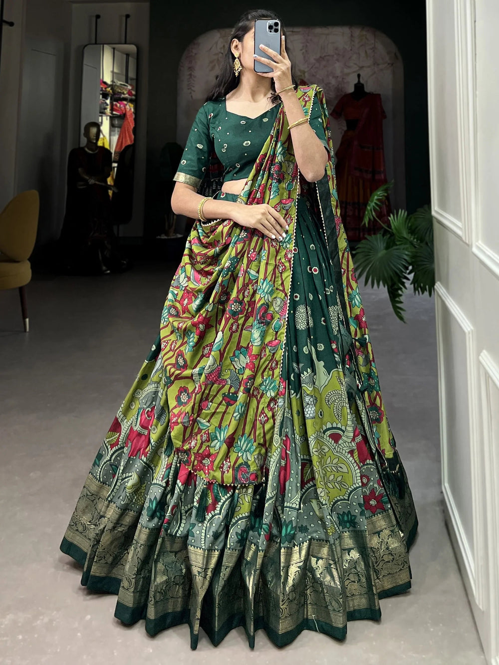 Green Tussar Silk Kalamkari Printed Festival Lehenga Choli