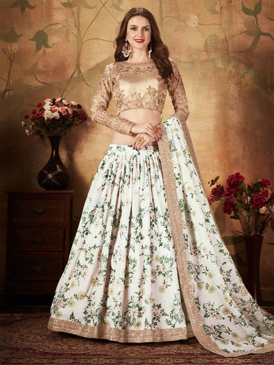 White Floral Digital Printed Organza Wedding Lehenga Choli for Women