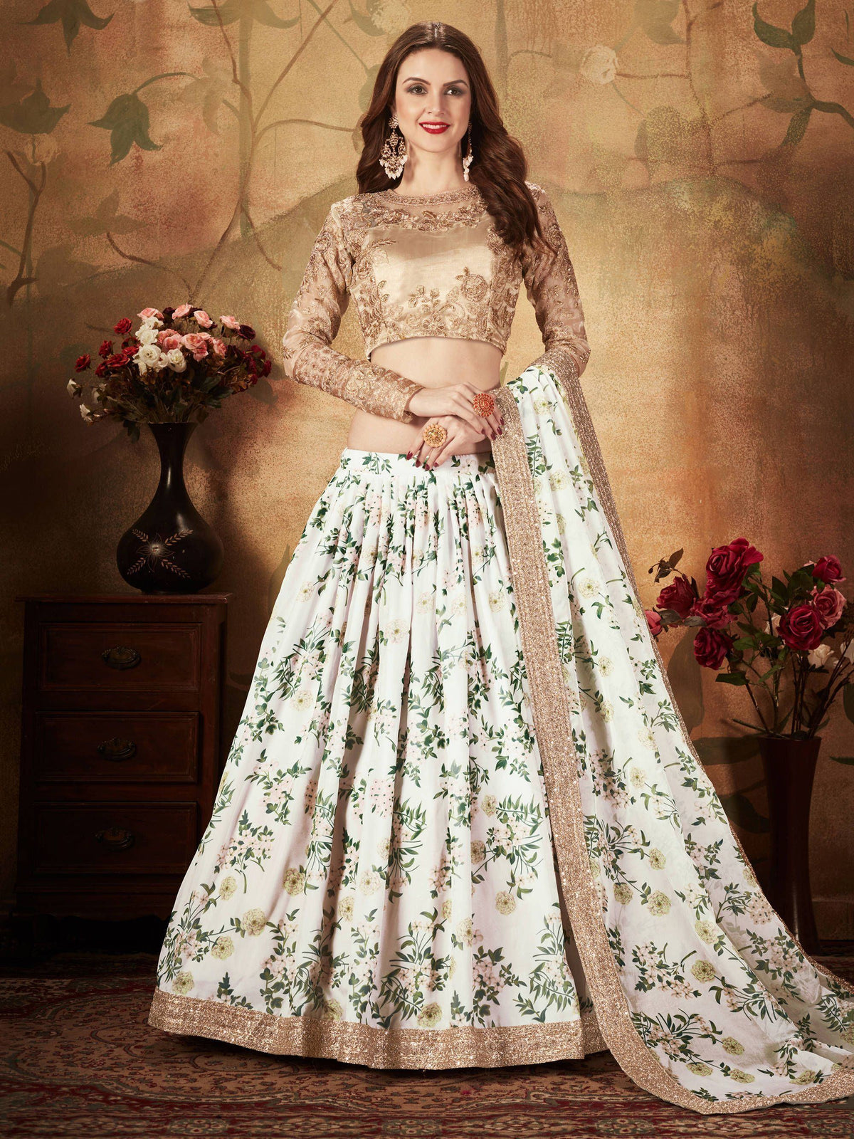 White Floral Digital Printed Organza Wedding Lehenga Choli for Women