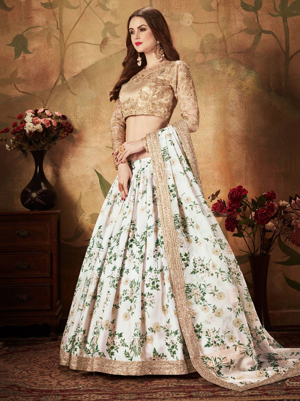 White Floral Digital Printed Organza Wedding Lehenga Choli for Women