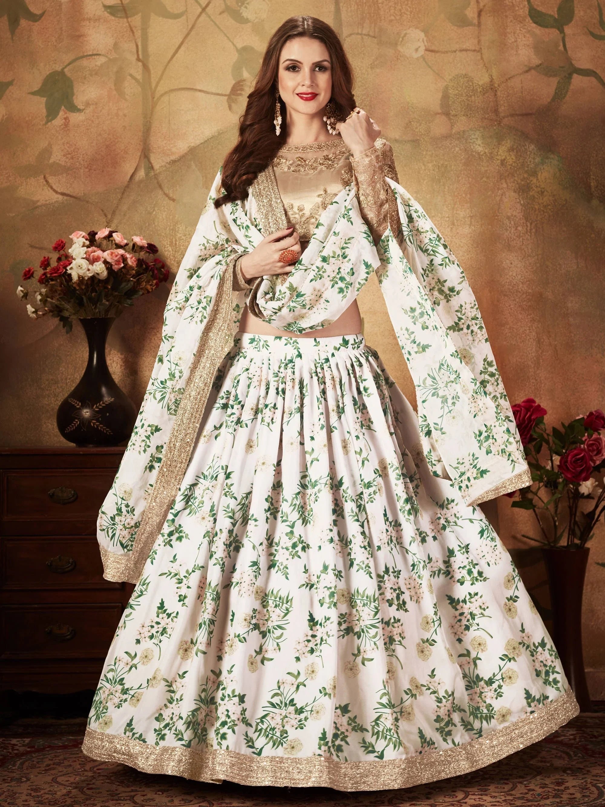 White Floral Digital Printed Organza Wedding Lehenga Choli for Women
