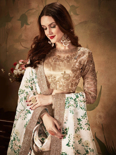 White Floral Digital Printed Organza Wedding Lehenga Choli for Women