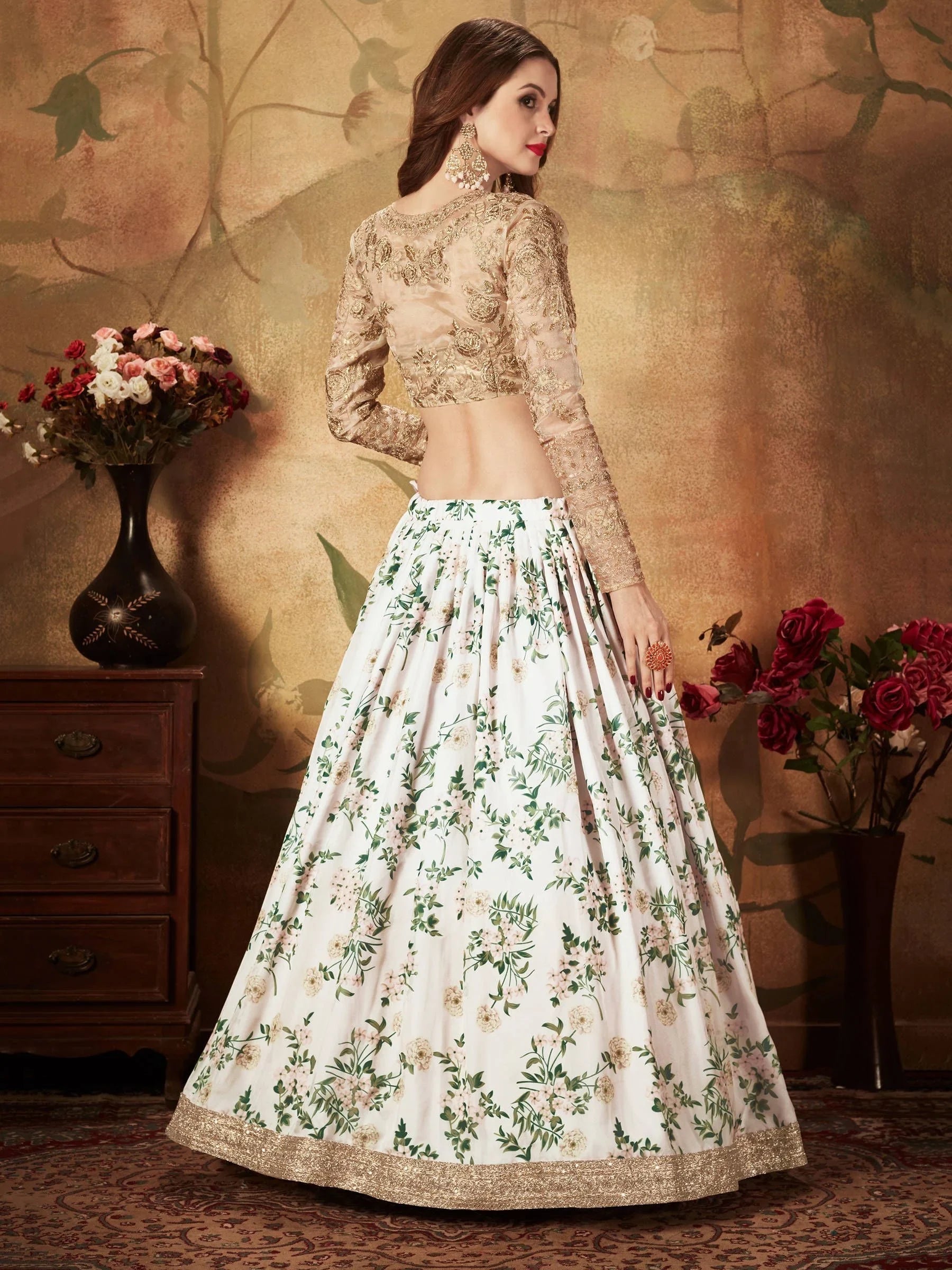 White Floral Digital Printed Organza Wedding Lehenga Choli for Women