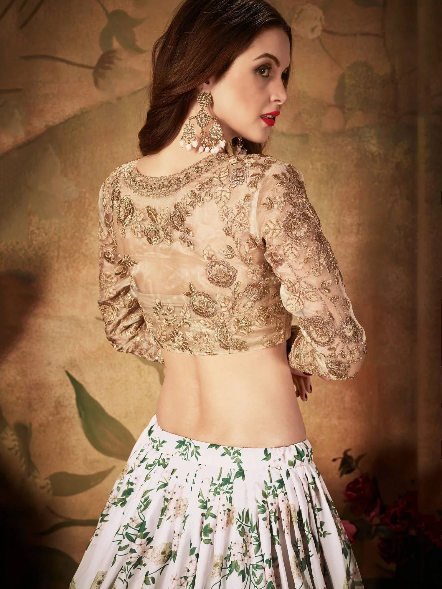 White Floral Digital Printed Organza Wedding Lehenga Choli for Women