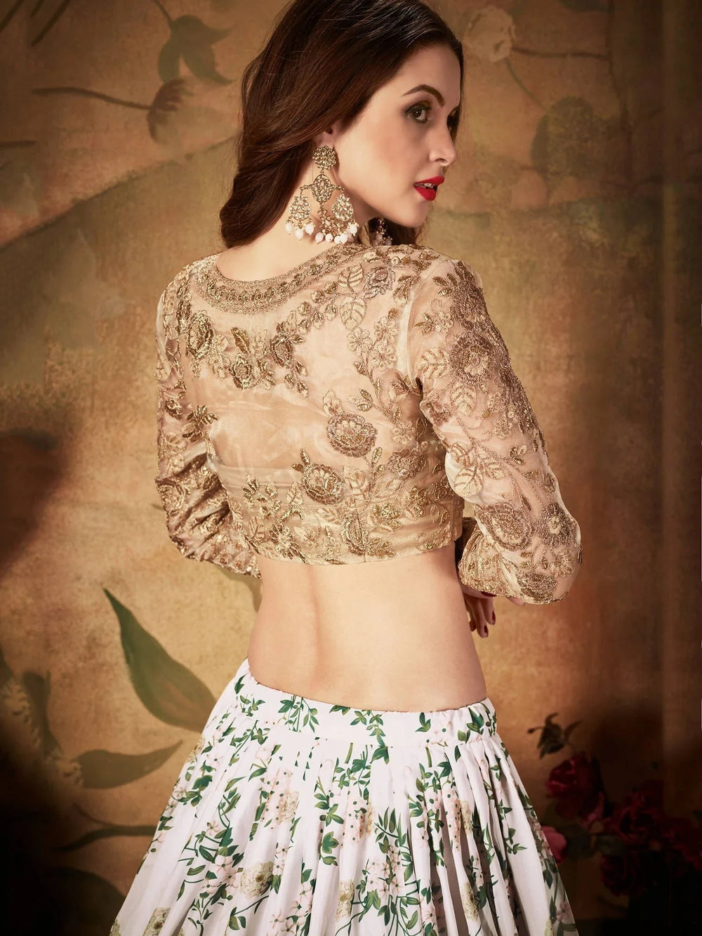 White Floral Digital Printed Organza Wedding Lehenga Choli for Women