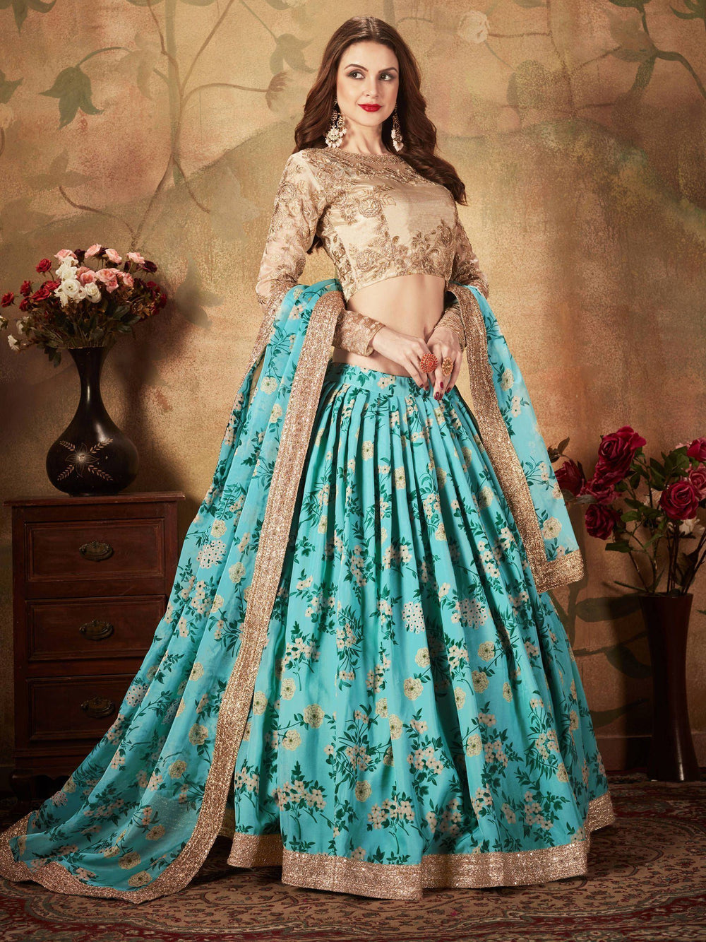 Floral printed organza lehenga choli for wedding and reception occasions