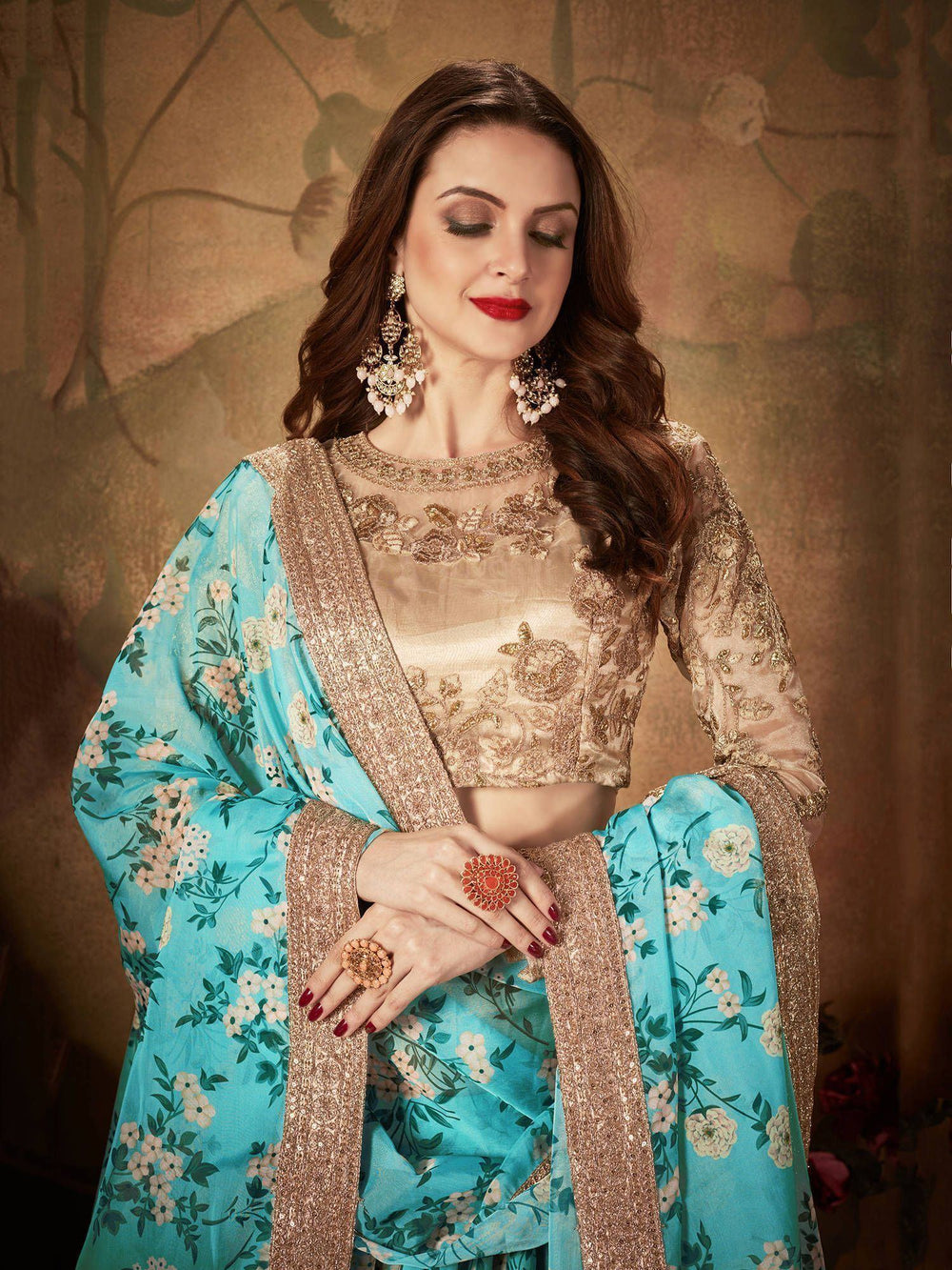 Floral printed organza lehenga choli for wedding and reception occasions