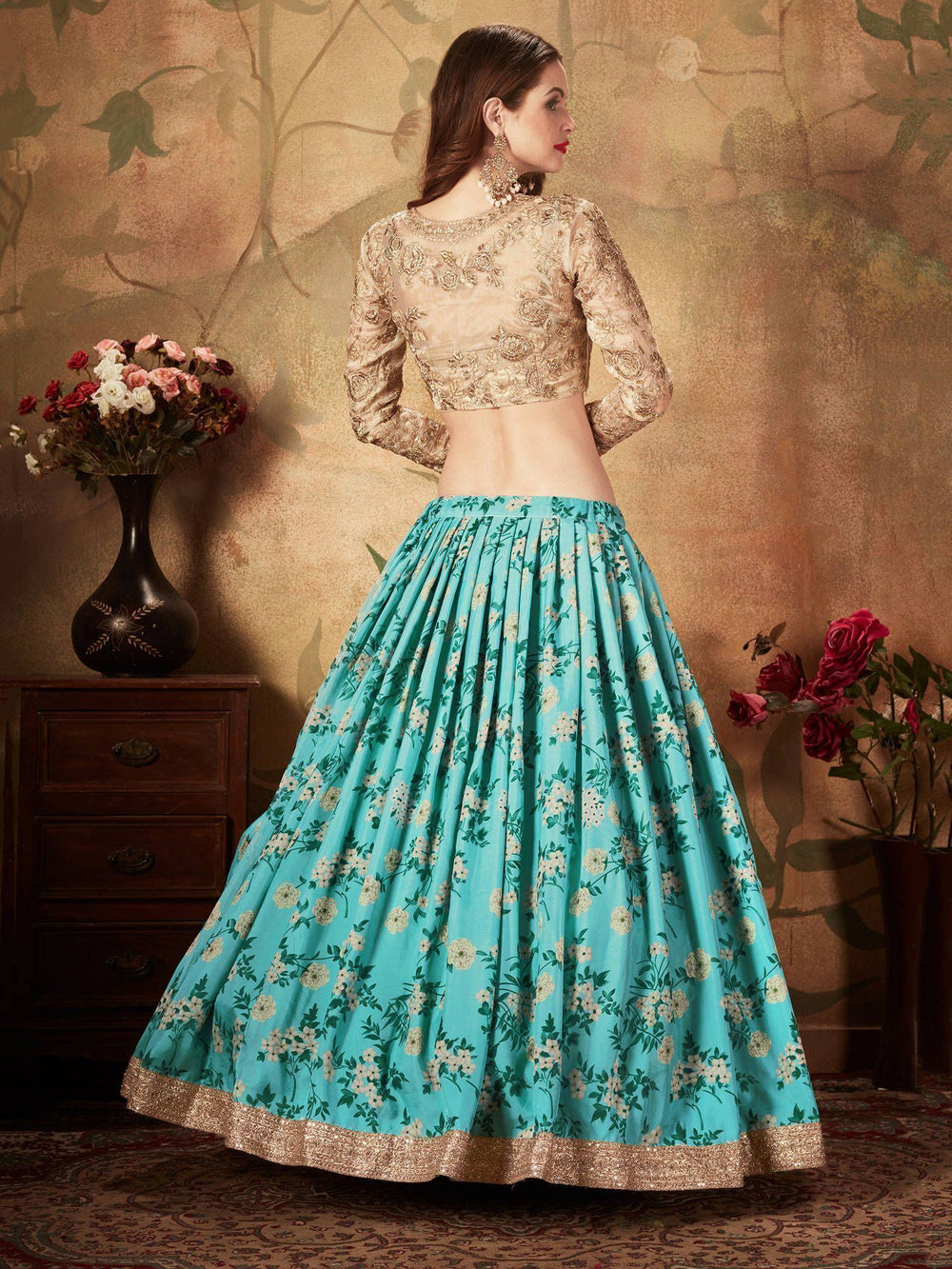 Floral printed organza lehenga choli for wedding and reception occasions