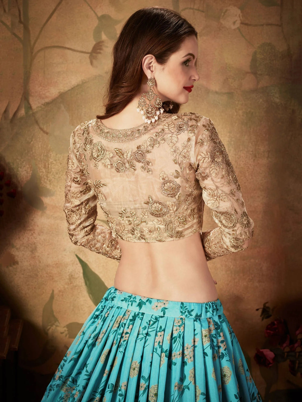 Floral printed organza lehenga choli for wedding and reception occasions
