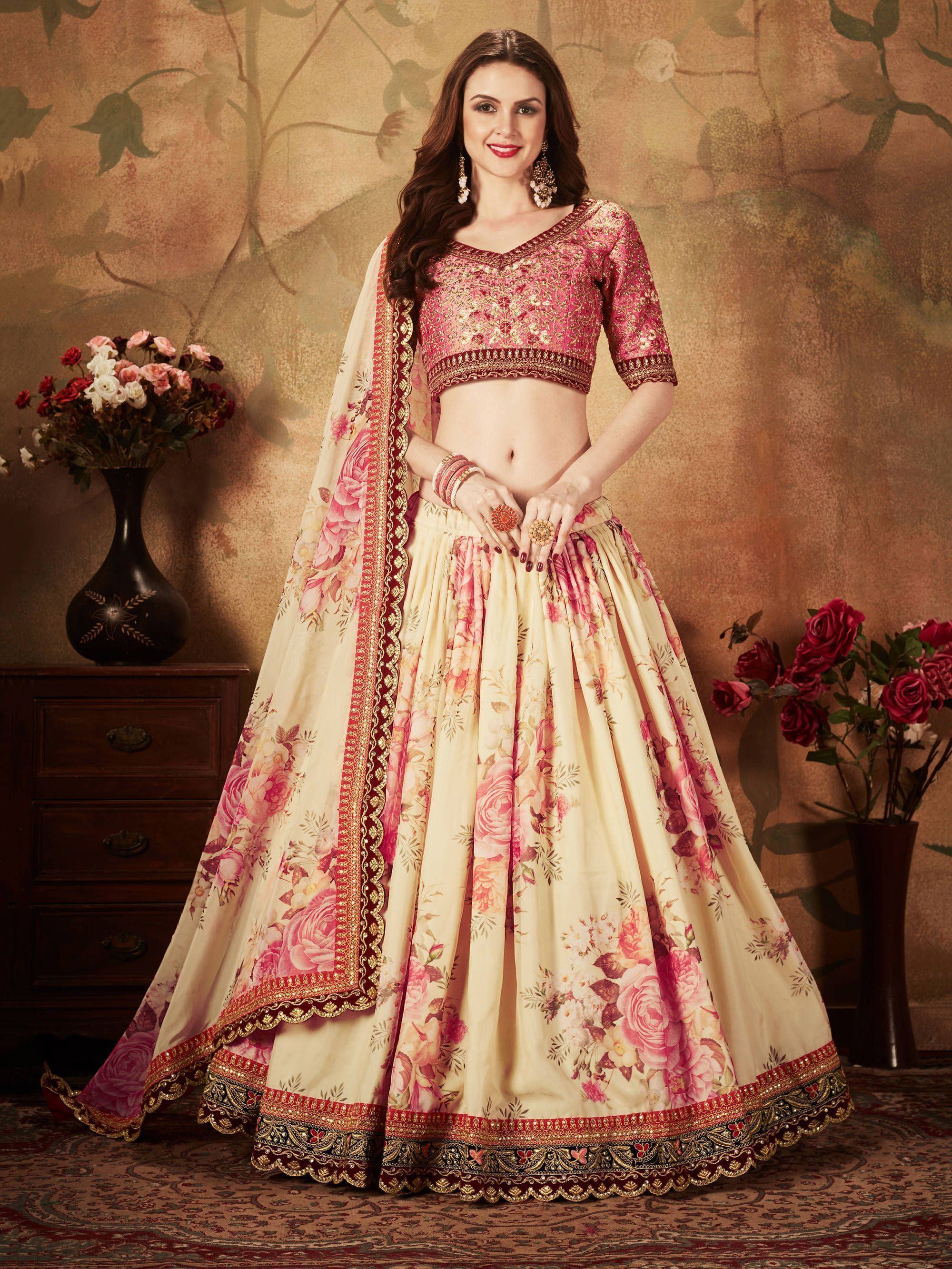 Organza bridal lehenga choli with floral digital print and sequins work for wedding