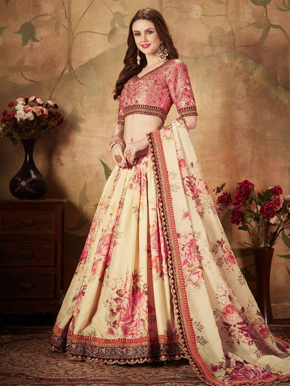 Organza bridal lehenga choli with floral digital print and sequins work for wedding