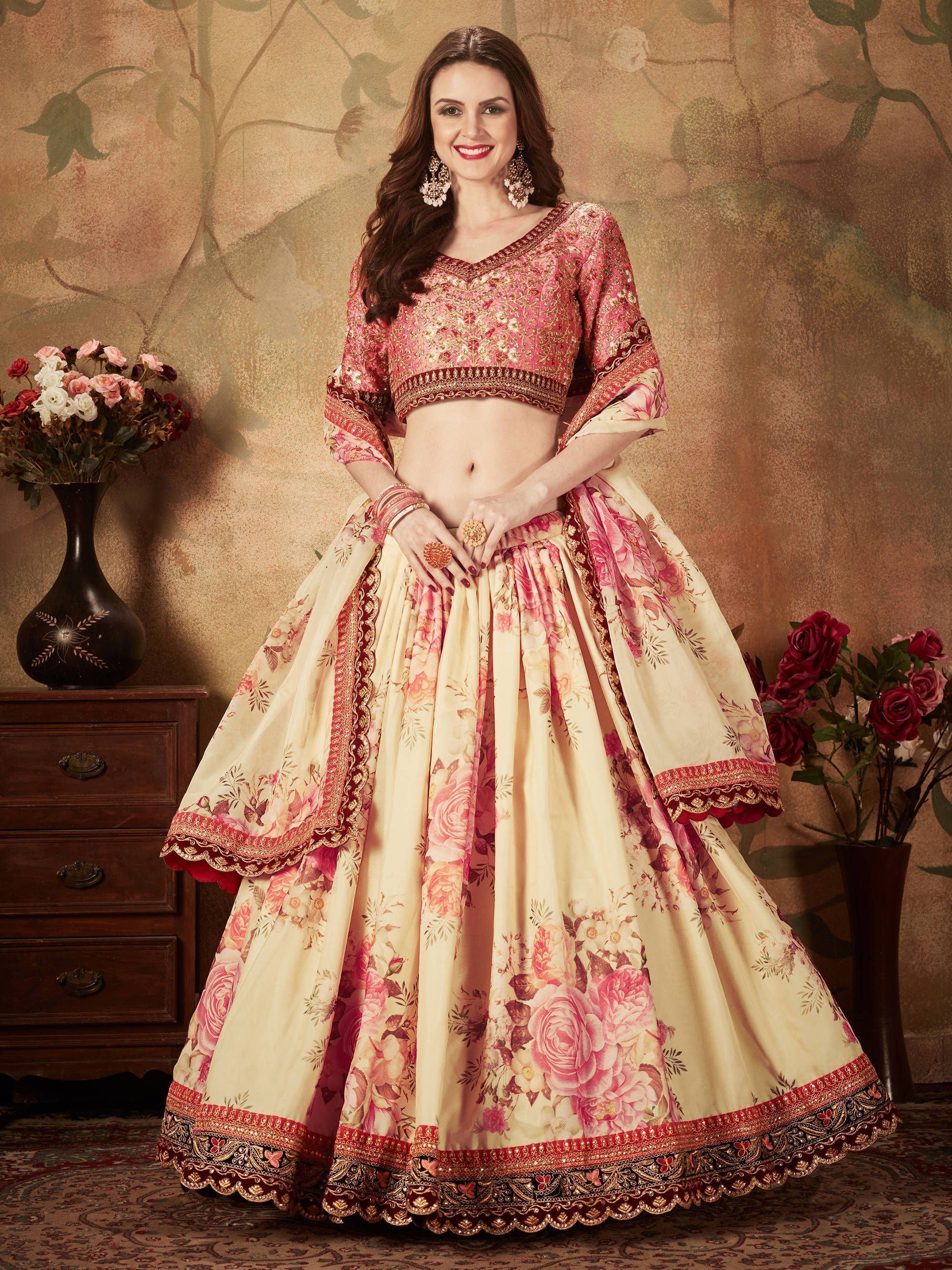 Organza bridal lehenga choli with floral digital print and sequins work for wedding