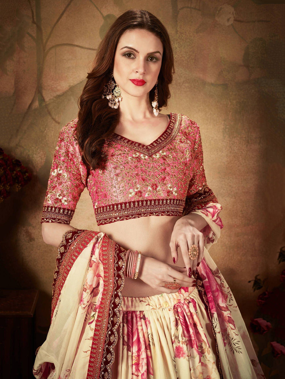 Organza bridal lehenga choli with floral digital print and sequins work for wedding