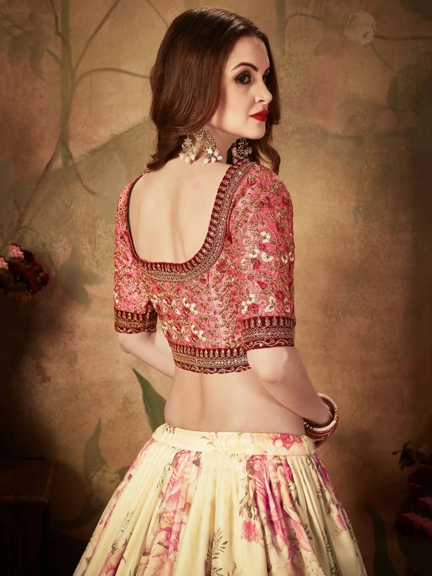 Organza bridal lehenga choli with floral digital print and sequins work for wedding