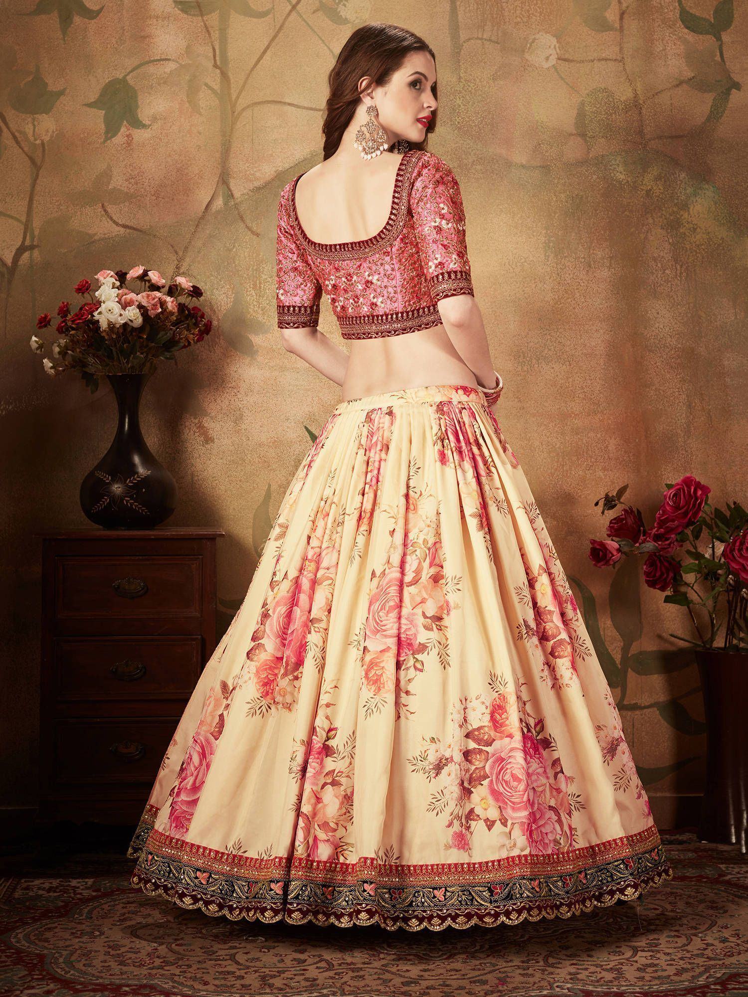Organza bridal lehenga choli with floral digital print and sequins work for wedding
