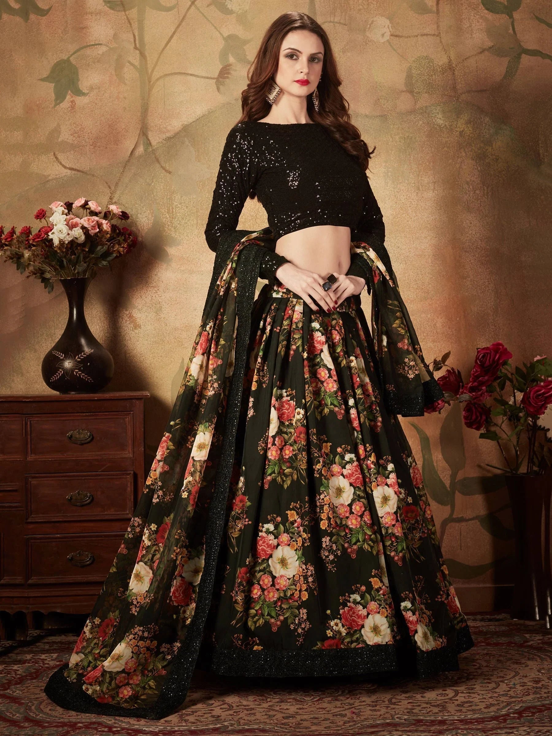 Black Floral Digital Printed Organza Party Lehenga Choli Occasion Wear