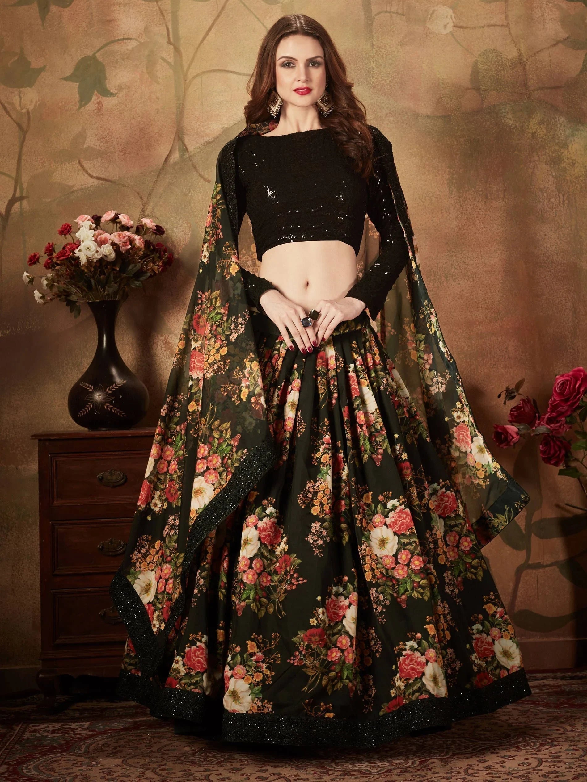 Black Floral Digital Printed Organza Party Lehenga Choli Occasion Wear