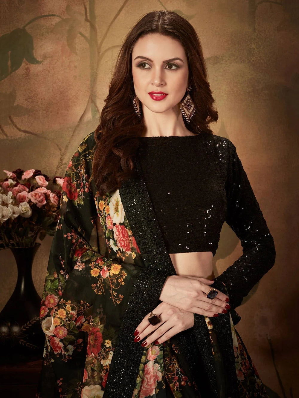 Black Floral Digital Printed Organza Party Lehenga Choli Occasion Wear