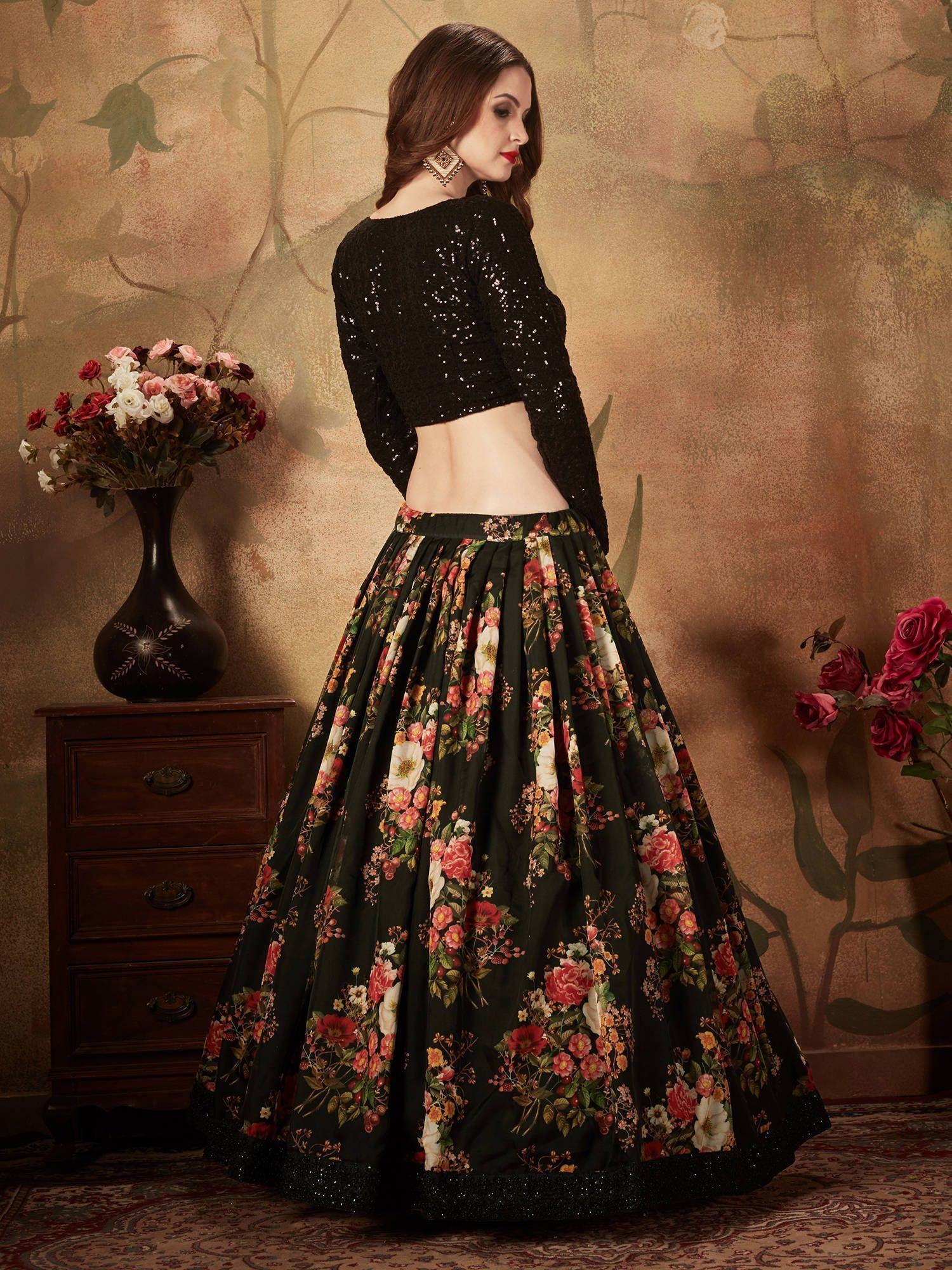 Black Floral Digital Printed Organza Party Lehenga Choli Occasion Wear