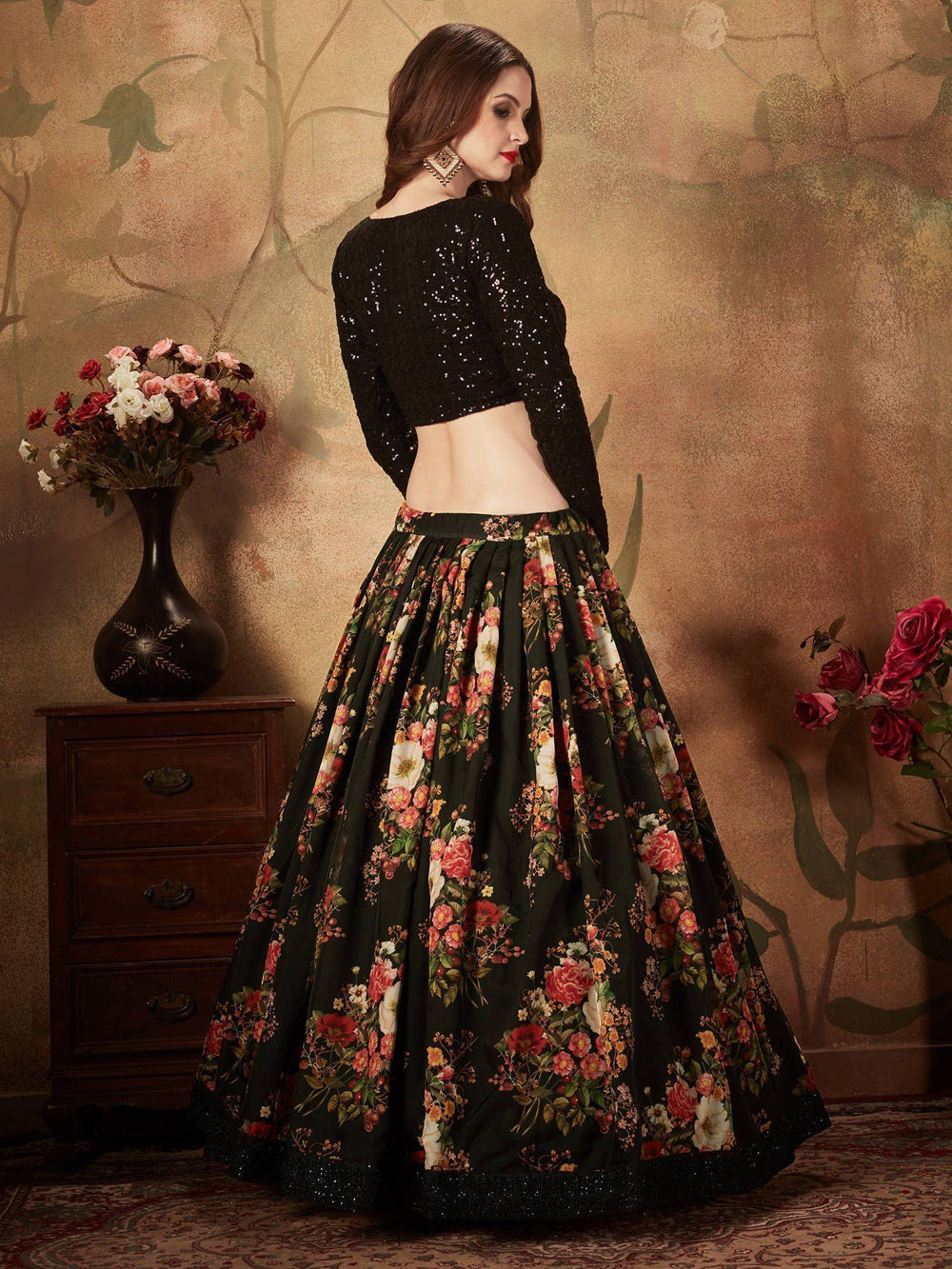 Black Floral Digital Printed Organza Party Lehenga Choli Occasion Wear