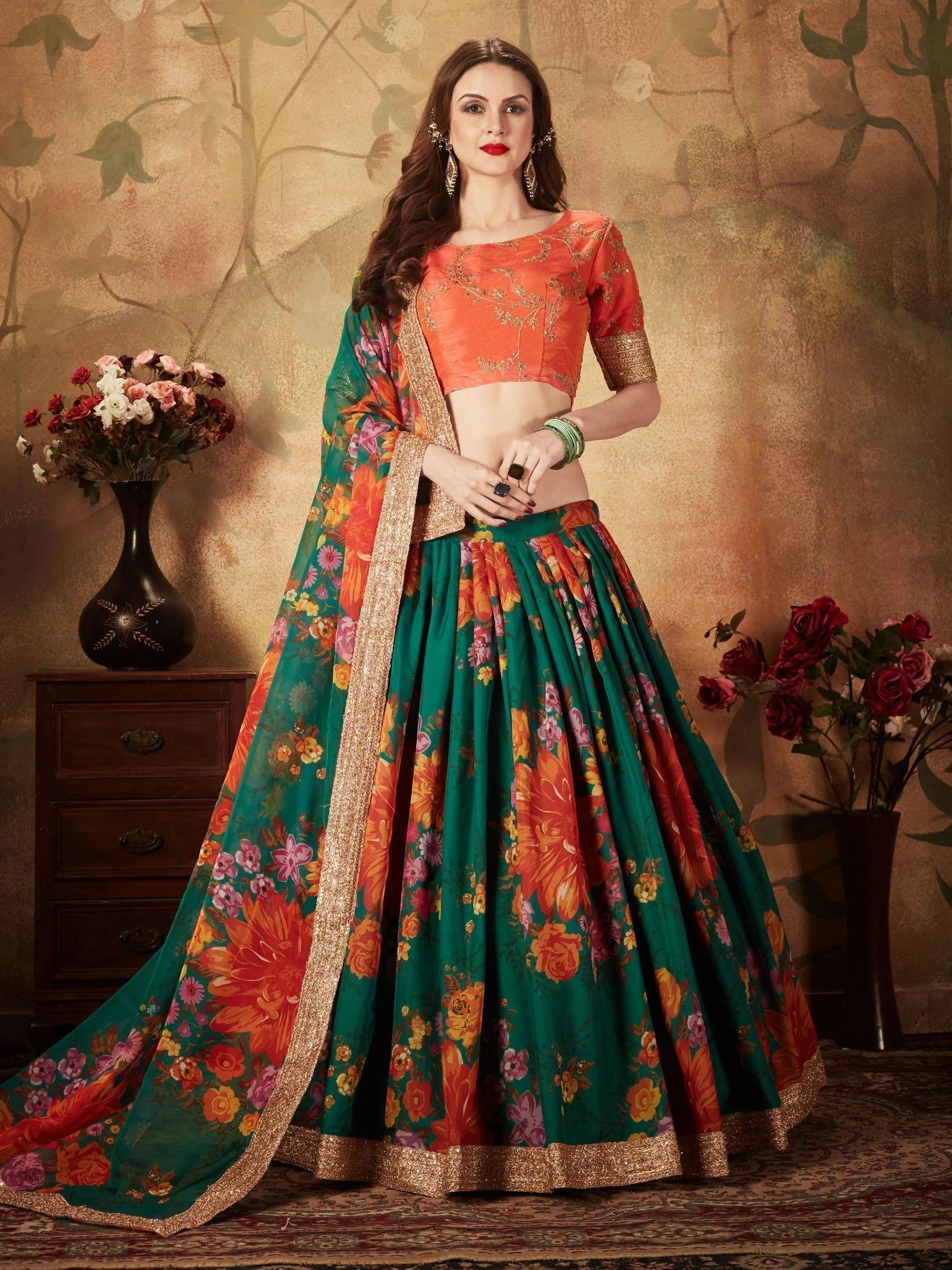 Green Floral Digital Printed Organza Bridal Lehenga Choli for Women
