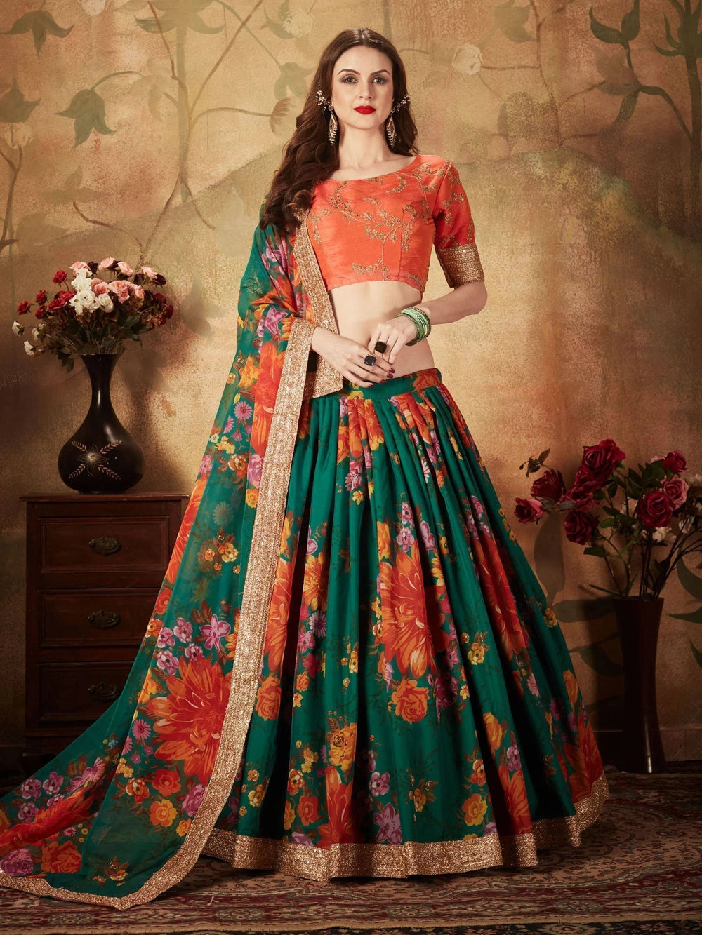 Green Floral Digital Printed Organza Bridal Lehenga Choli for Women