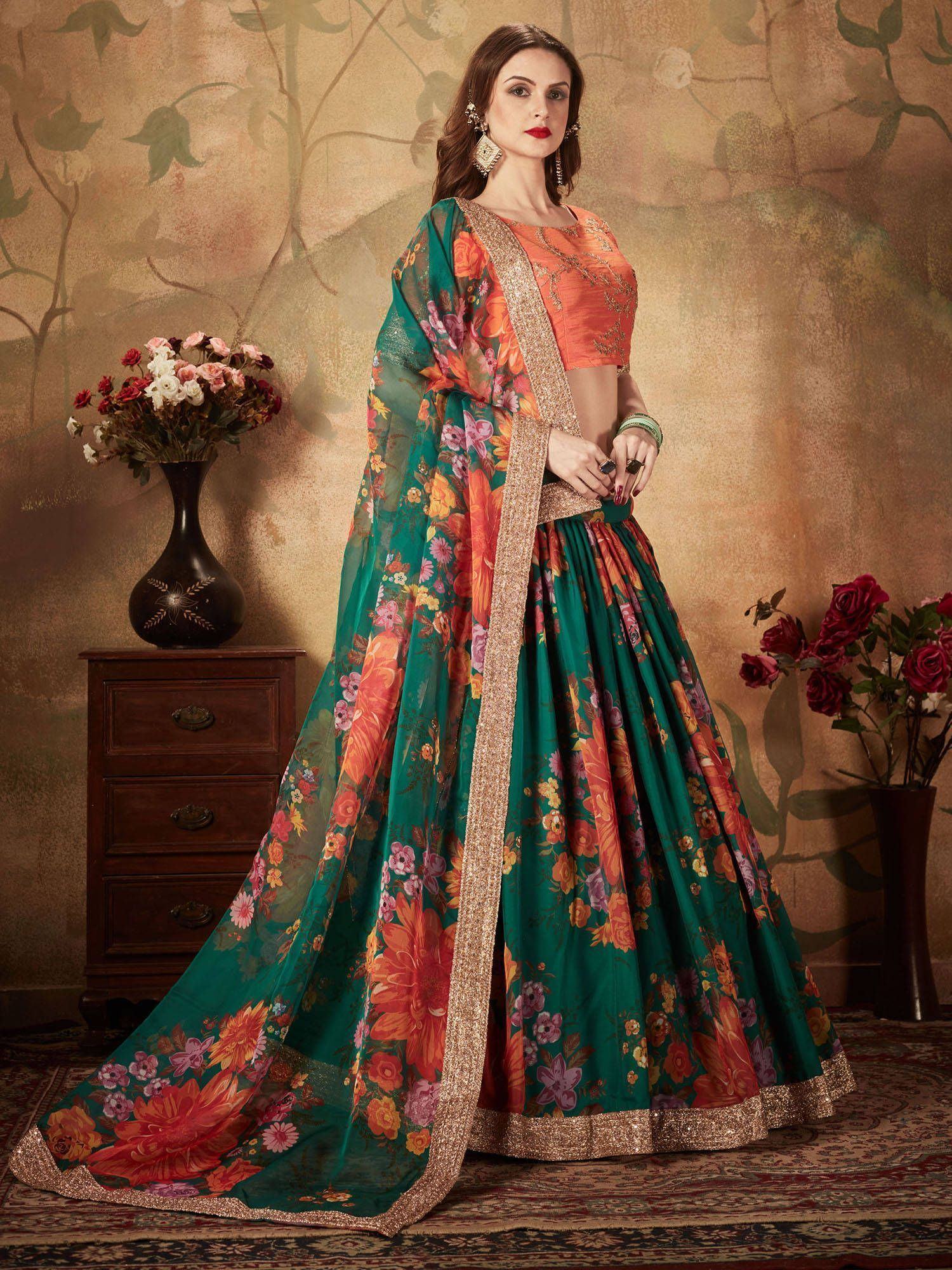 Green Floral Digital Printed Organza Bridal Lehenga Choli for Women