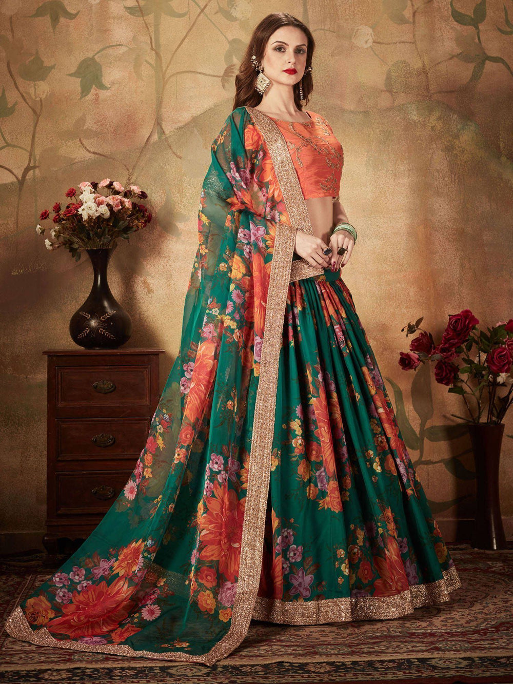 Green Floral Digital Printed Organza Bridal Lehenga Choli for Women
