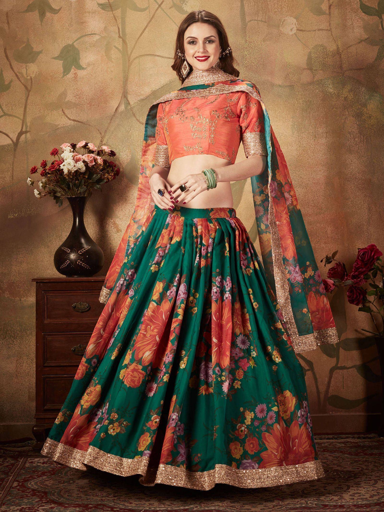 Green Floral Digital Printed Organza Bridal Lehenga Choli for Women