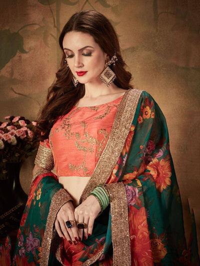 Green Floral Digital Printed Organza Bridal Lehenga Choli for Women