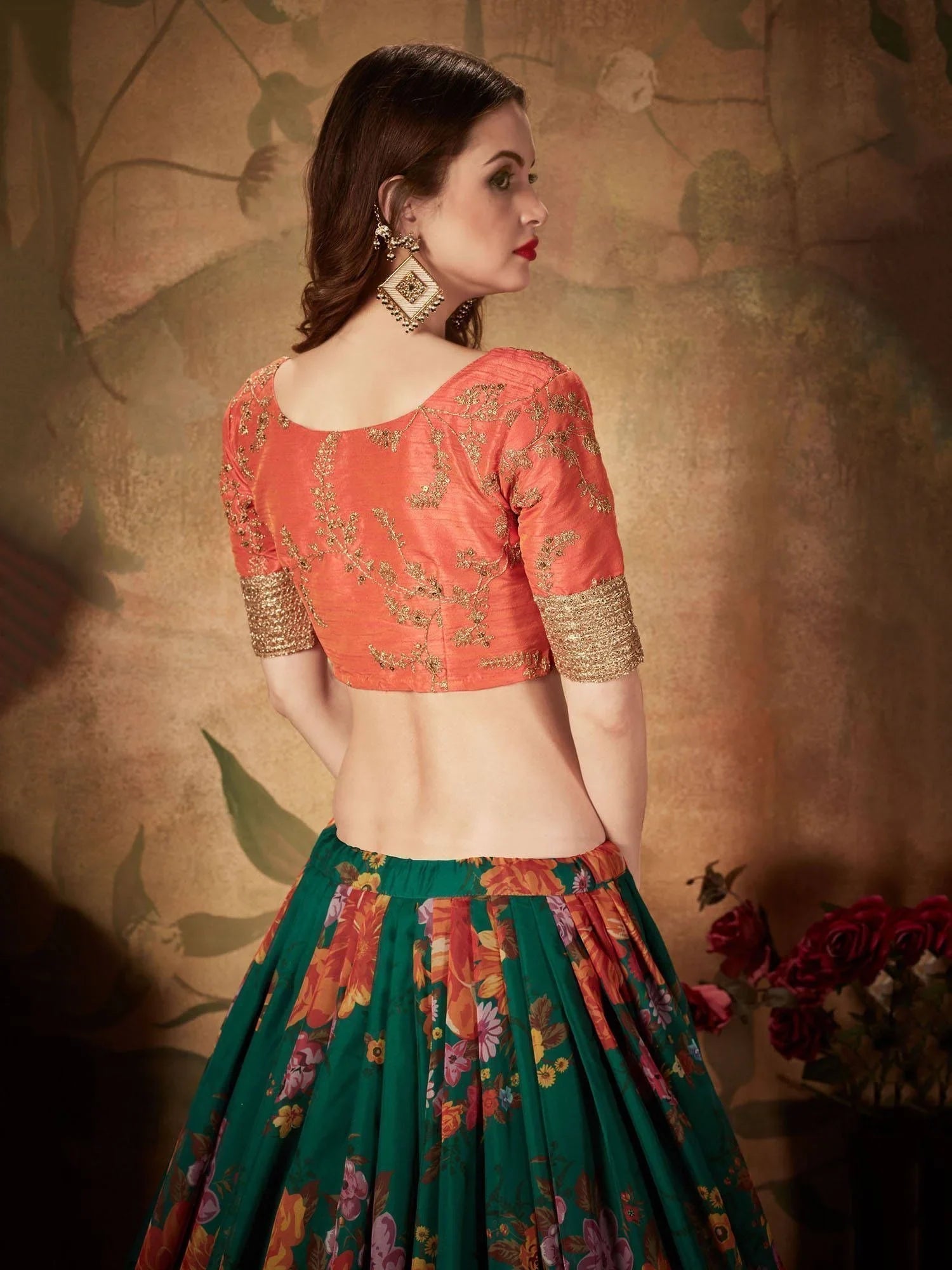 Green Floral Digital Printed Organza Bridal Lehenga Choli for Women