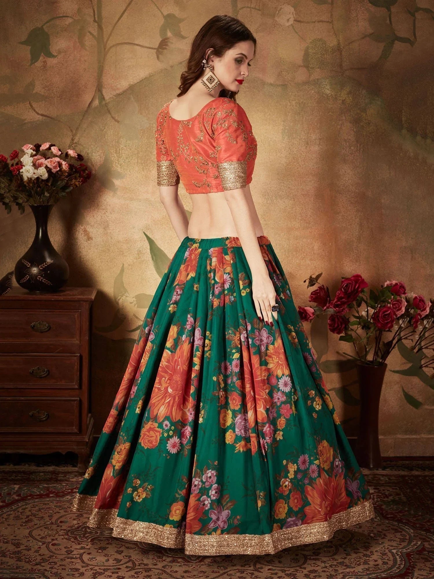 Green Floral Digital Printed Organza Bridal Lehenga Choli for Women