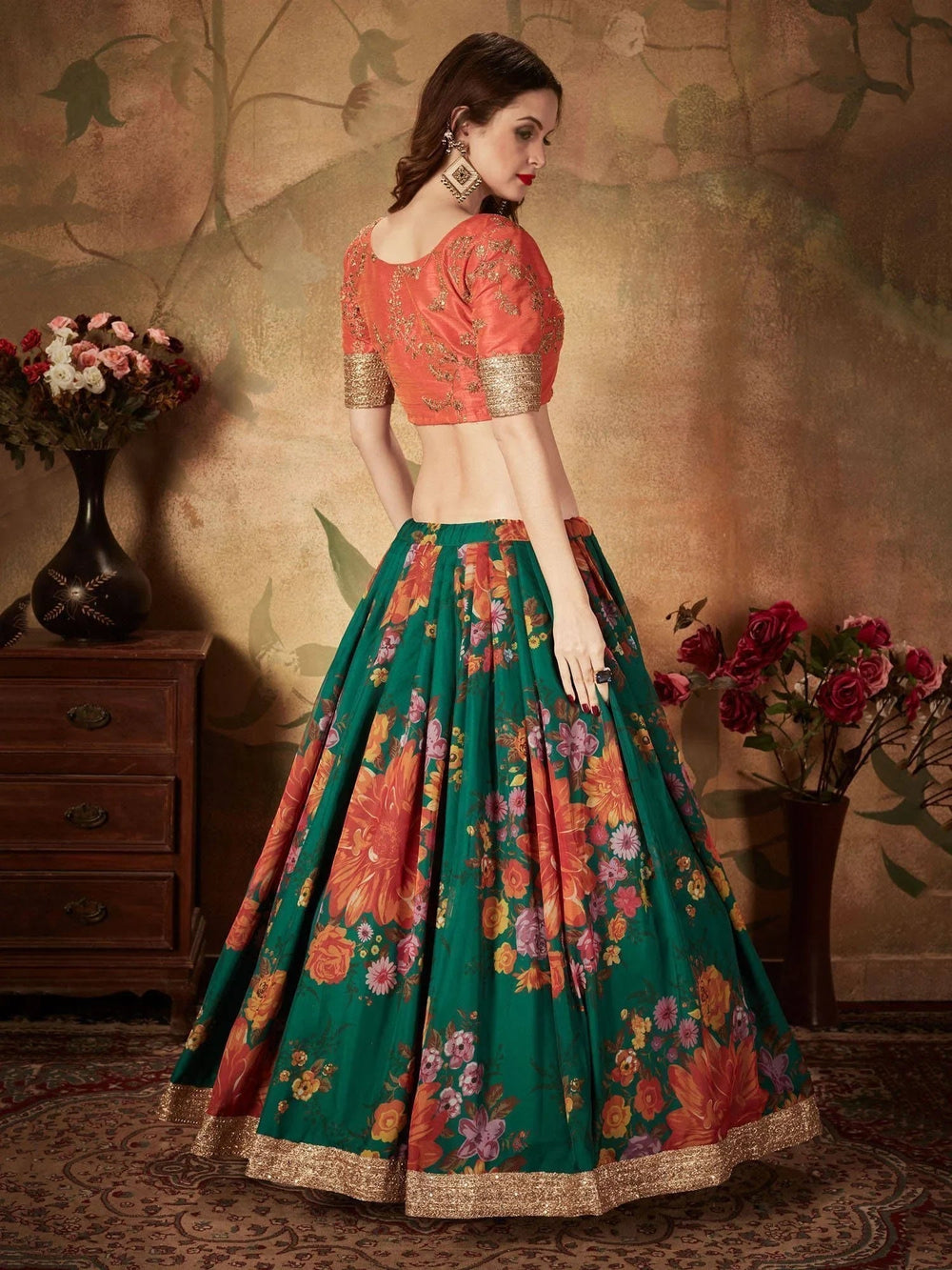 Green Floral Digital Printed Organza Bridal Lehenga Choli for Women
