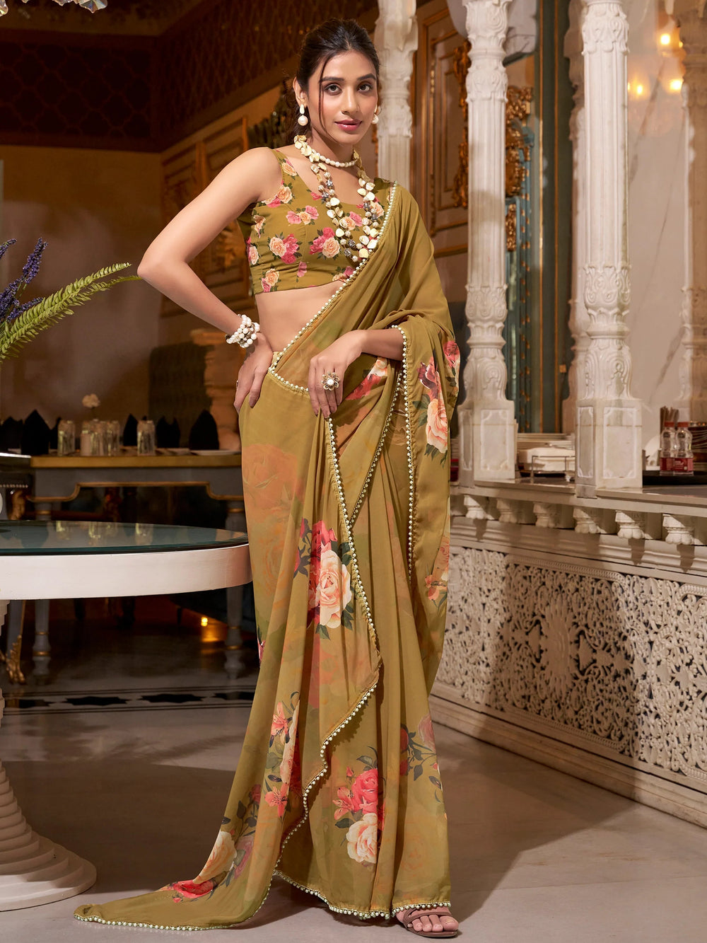 Brown Georgette Saree With Blouse