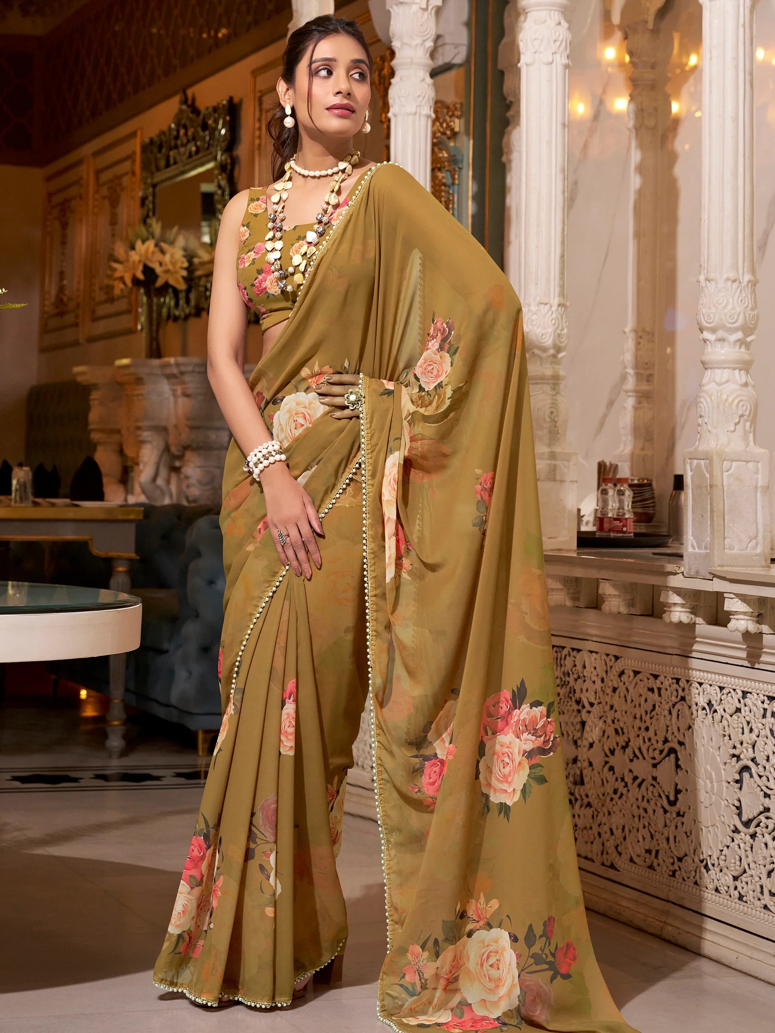 Brown Georgette Saree With Blouse