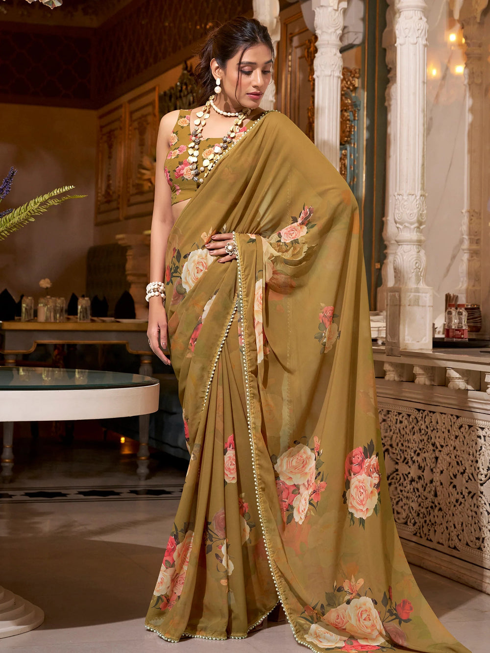 Brown Georgette Saree With Blouse