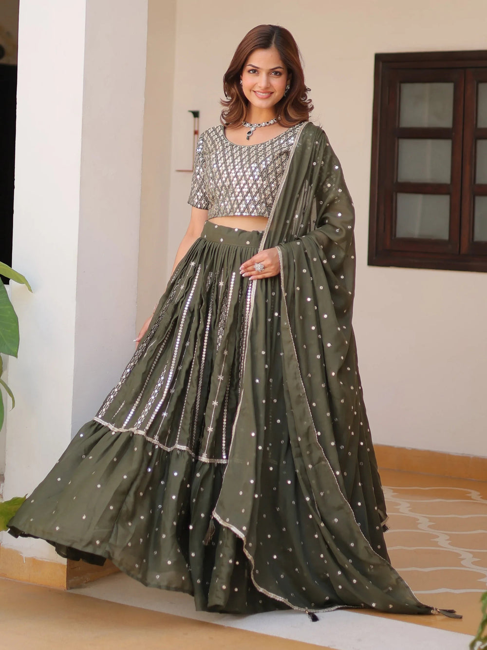 Green CHic Sequins Georgette Festival Wear Lehenga Choli With Dupatta for Women