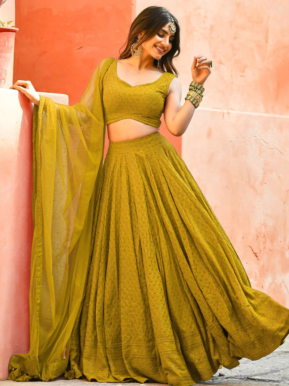 Sequins georgette lehenga choli with thread embroidery for wedding and sangeet occasions
