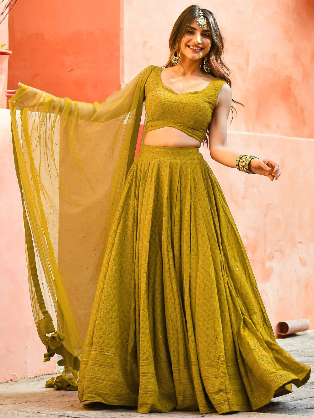 Sequins georgette lehenga choli with thread embroidery for wedding and sangeet occasions